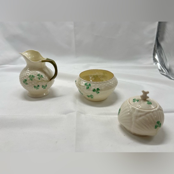 Belleek HARP SHAMROCK Clover Mustard Jar with Lid No Spoon pitcher & cup